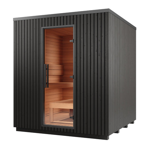Auroom Sauna Opposite Bench Layout (Rear Window) / Thermo-Pine Painted Black Auroom Garda Outdoor Cabin Sauna
