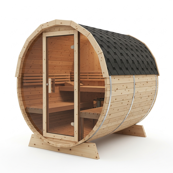 Søvna Grand Horizon Ergo-Series 08 4-6 person outdoor barrel sauna — exterior front view