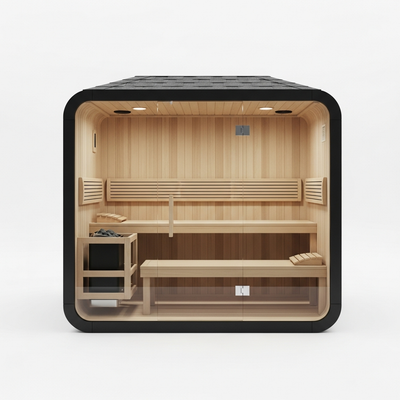 Søvna Obsidian Cube-Series 05 4-6 person premium outdoor steam sauna — exterior front view